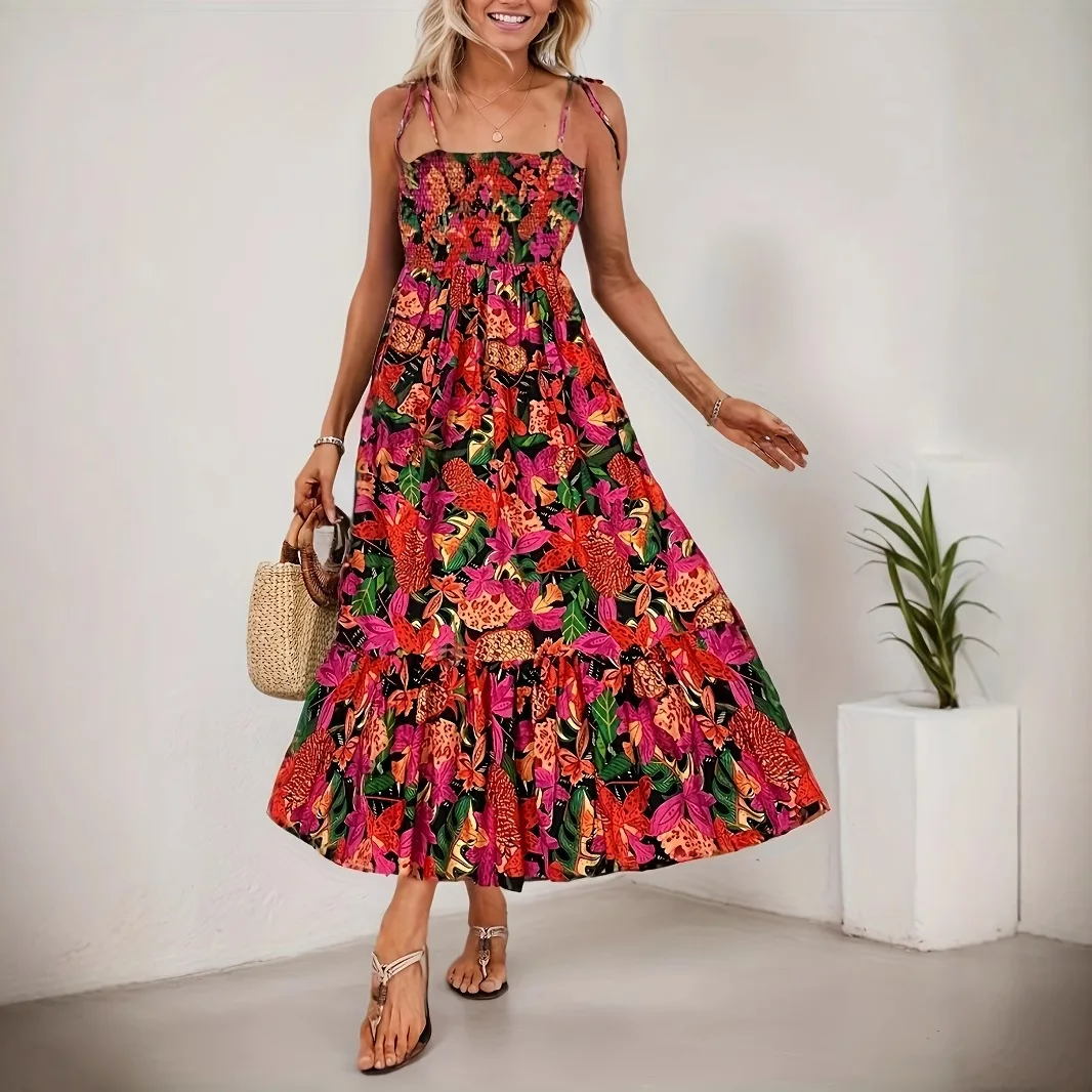 Sommer bedrucktes, florales, langes Hosenträgerkleid, 2025, Sommer, rückenfrei, Urlaubsstil, lässiges Modekleid für Frauen