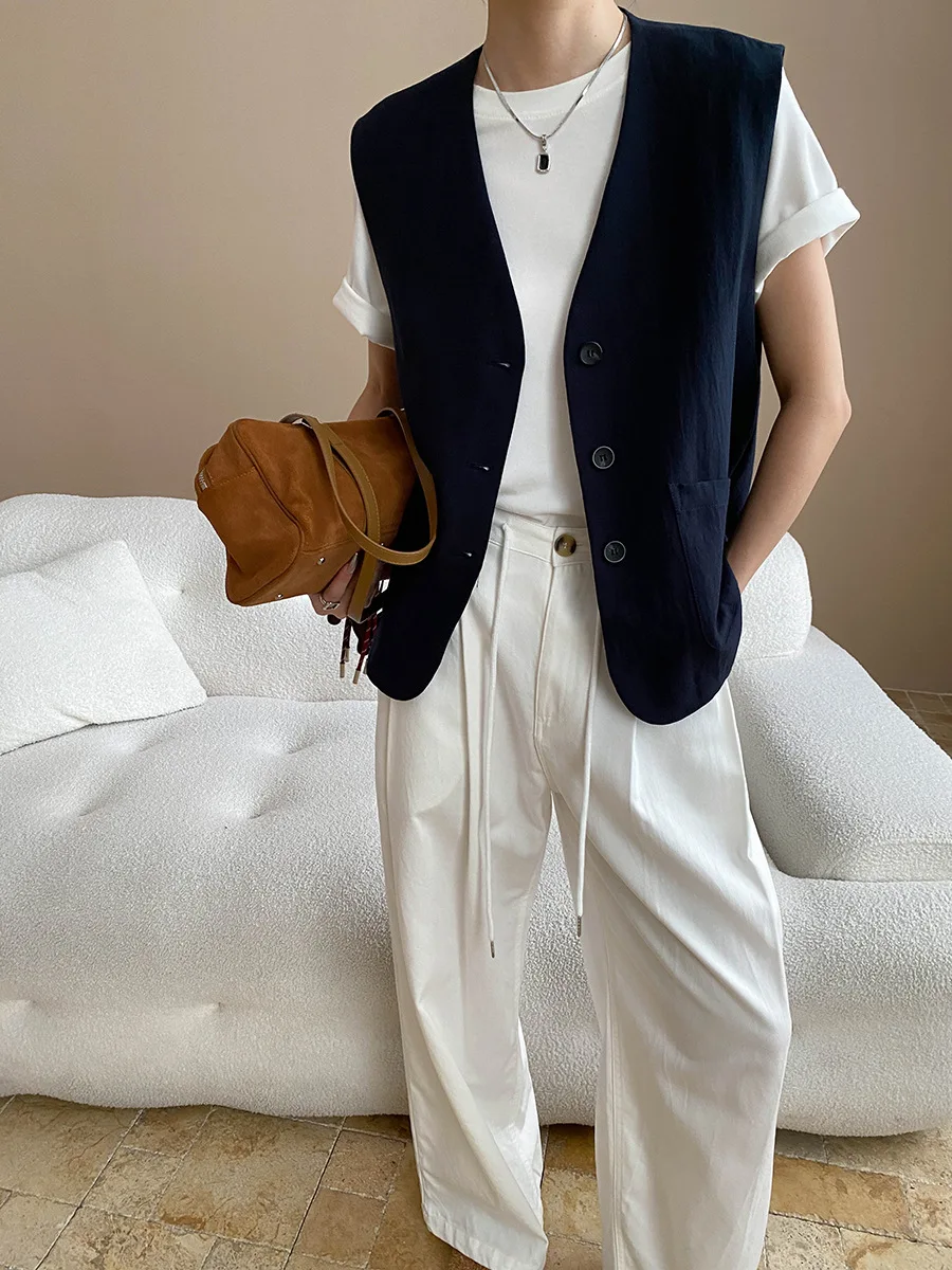 

Early autumn new Tencel linen blend vintage style V-neck temperament sleeveless suit vest