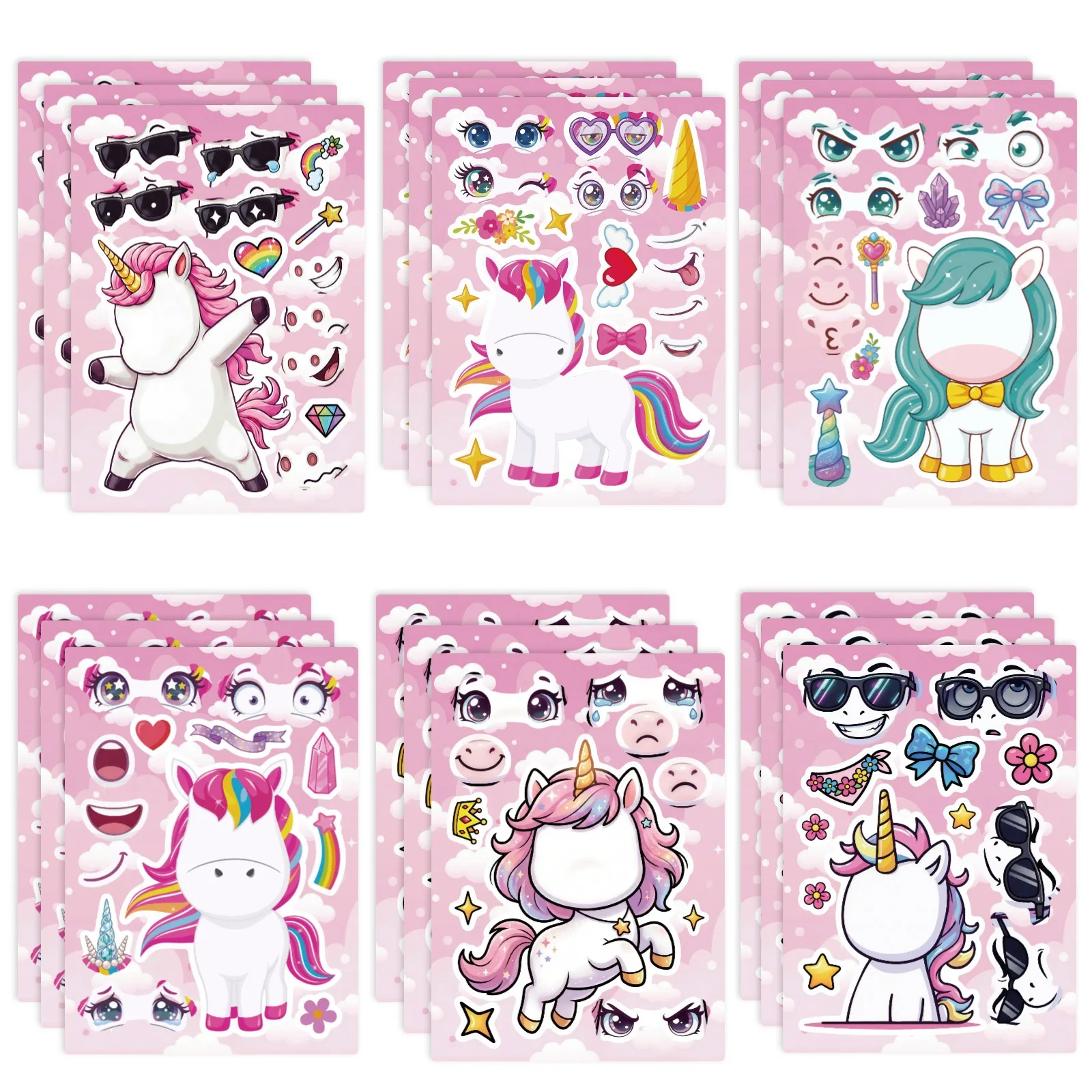 6/12/18PCS Cartoon Unicorn Face-Changing Puzzle Stickers, Creative Decorative Stickers for Stationery, Notebooks, Reward Sticker