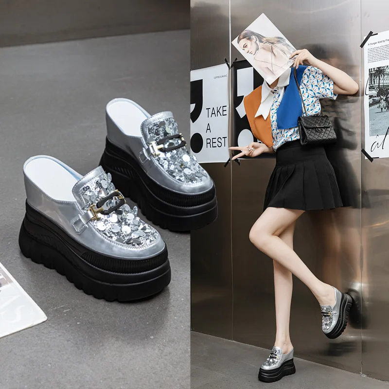 

12cm High Heel Slippers Women Summer Open Toe Mesh Glitter Sandals Round Toe Platform Slides