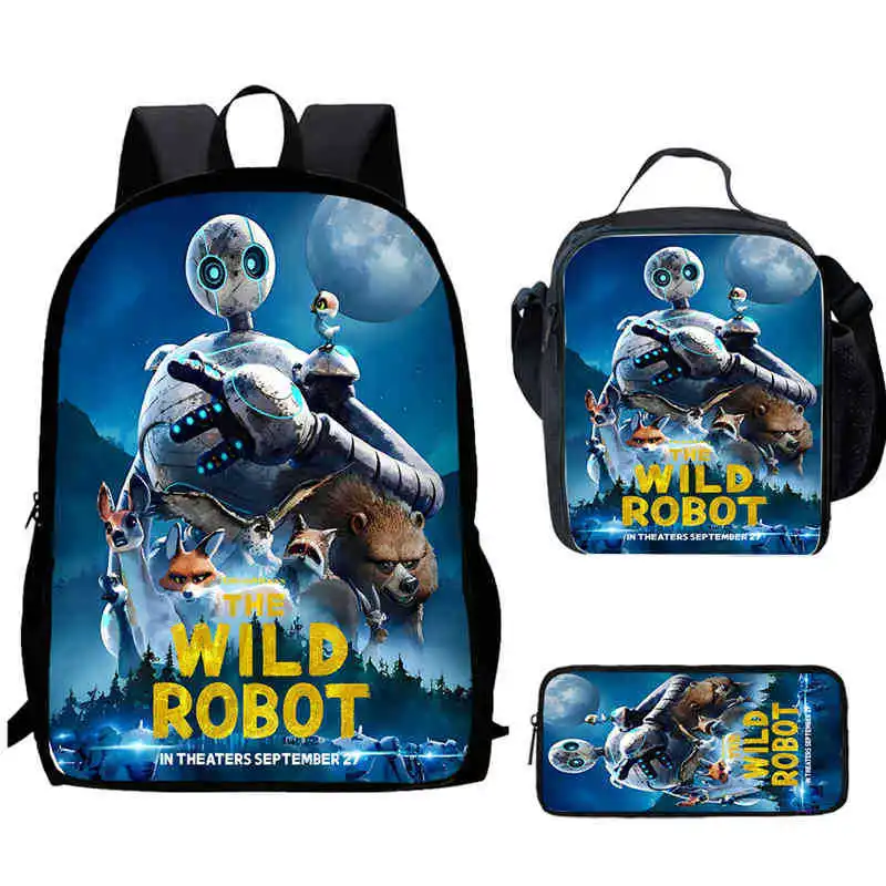 Harajuku Popular Novelty The Wild Robot 3D Print 3pcs/Set Student School Bags Laptop Daypack Backpack Lunch bag Pencil Case