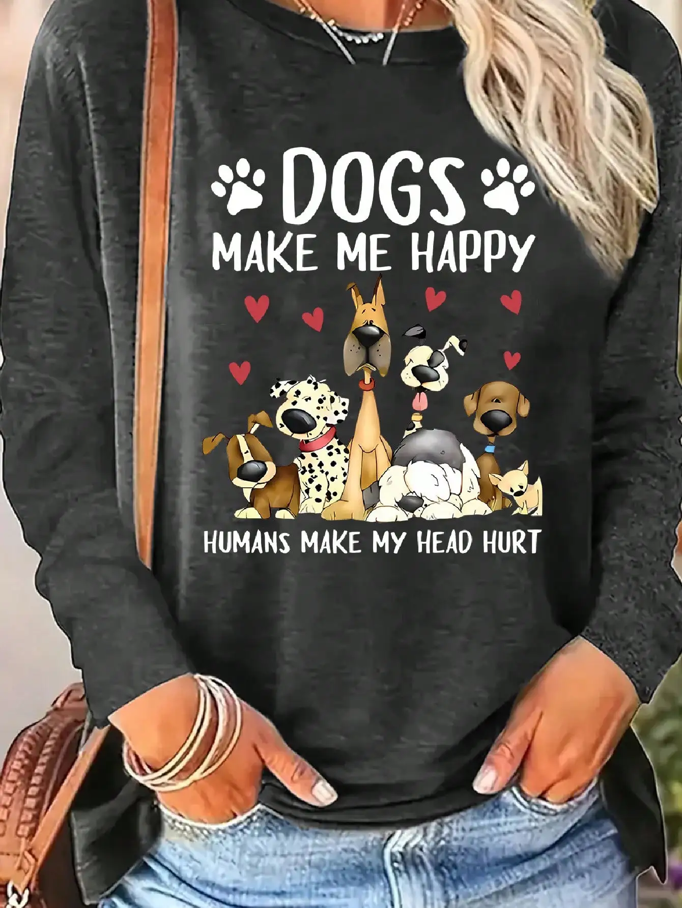 2026 Damen Frühling und Sommer Lässiges Slogan-Hunde-Print Rundhals Einfarbiges Langarm-Pullover T-Shirt – Detail 12