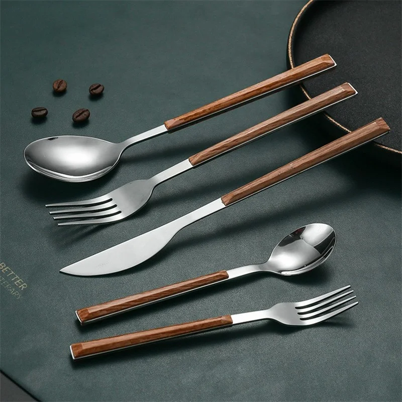 1pcs Stainless Steel Imitation Wooden Handle Cutlery Set Dinnerware Clamp Western Tableware Knife Fork Tea Spoon Silverware