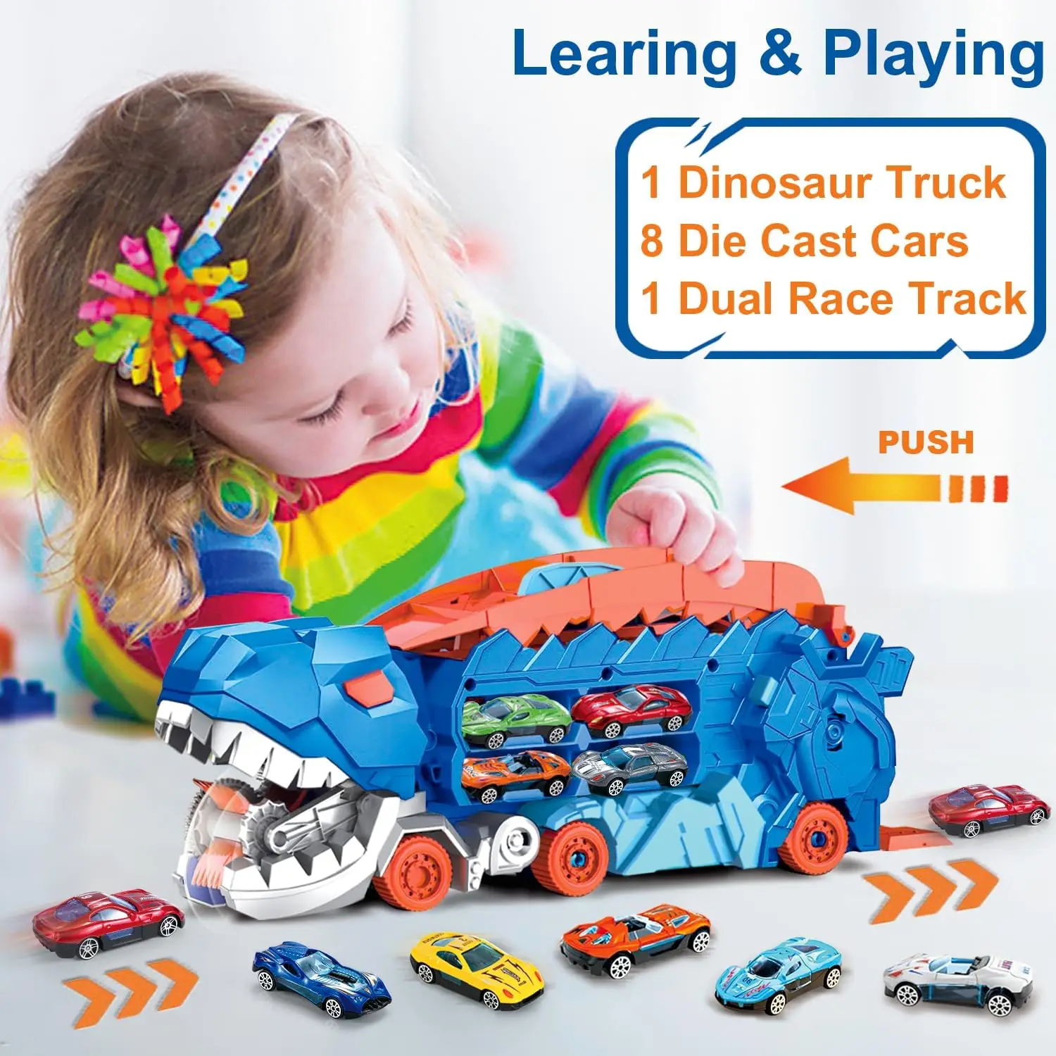 Dinosaur Toys for Kids T-Rex Dinosaur Transport Car Carrier Truck with Foldable Sliding,City Dinosaur Hauler Track Toys Gifts