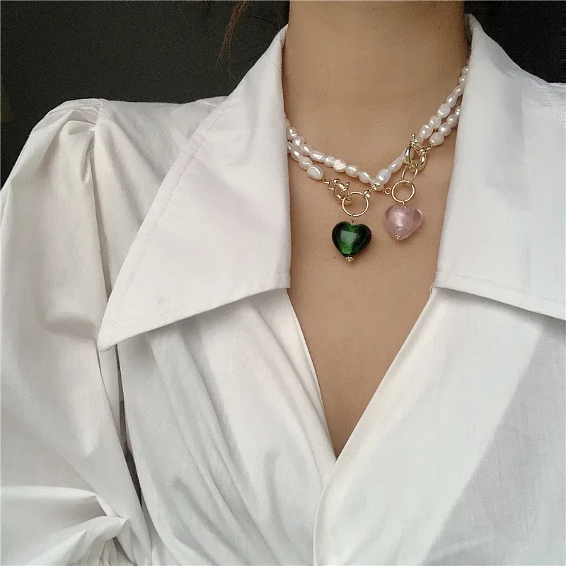 Handmade Pink Blue Green Glasss Heart Pendant Necklaces for Women Girls Irregular Simulated Pearl Chain Chokers Necklace Jewelry