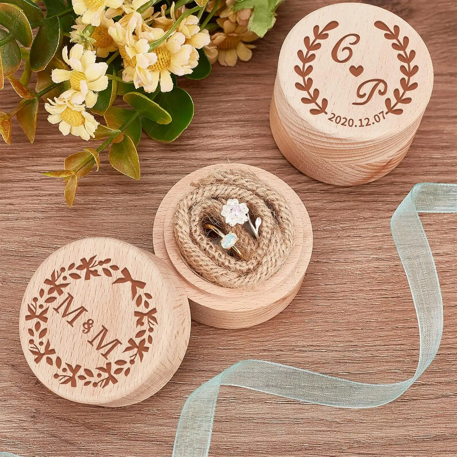 3pcs 2x1.6 Inch Mini Round Wooden Box Small Storage Wooden Box Wedding Ring Jewelry Boxes DIY Storage Trinket Bearer