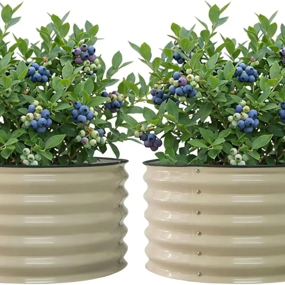 

30 Wide Round Tomato Planter and 17 Tall Herb Garden Bed with Pearl White Twin Pack Metal Pots