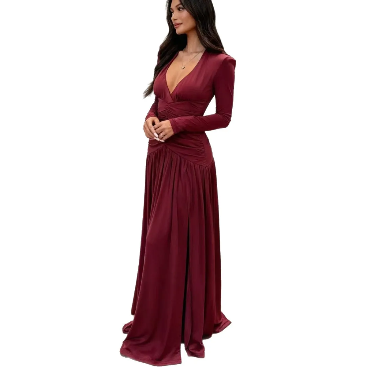 25 outono-inverno nova moda elegante decote em v profundo vestido de noite de manga comprida vestido digno de cintura alta