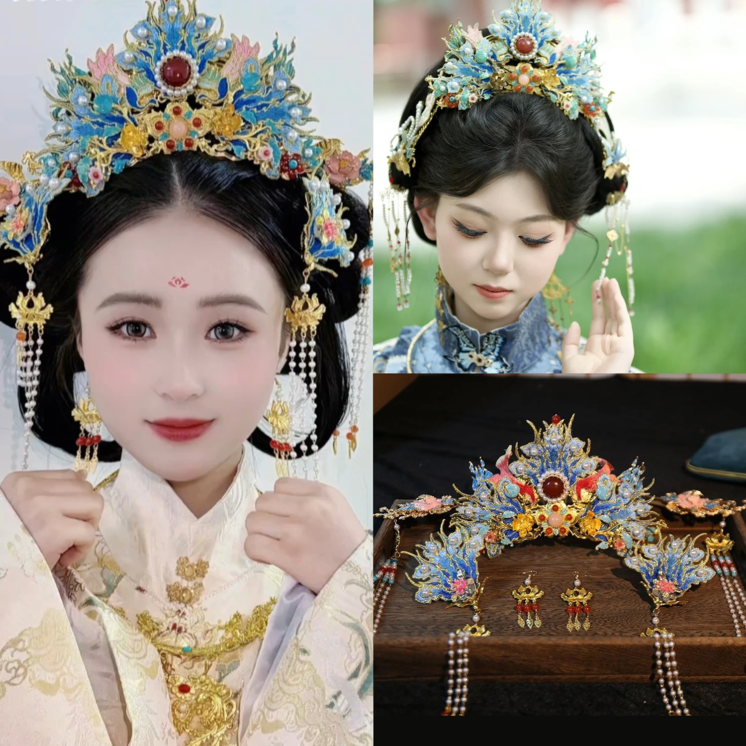 New Hanfu Phoenix Crown Bride's Headwear Traditional Chinese Wedding Fabric Embroidery Handmade Craftsmanship Hairwear