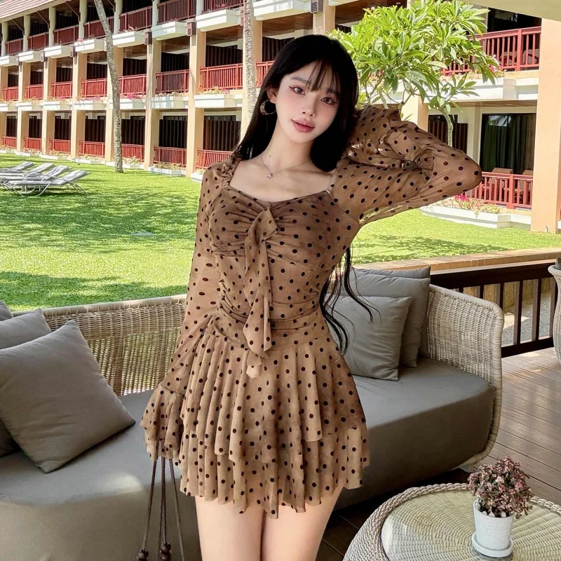 2026 Long Sleeve Women 1 Piece Swimsuits Swimdress Skirt Clothing Mesh Bathing Suit Hot Spring Monokini Slim Girls' Swim 2XL