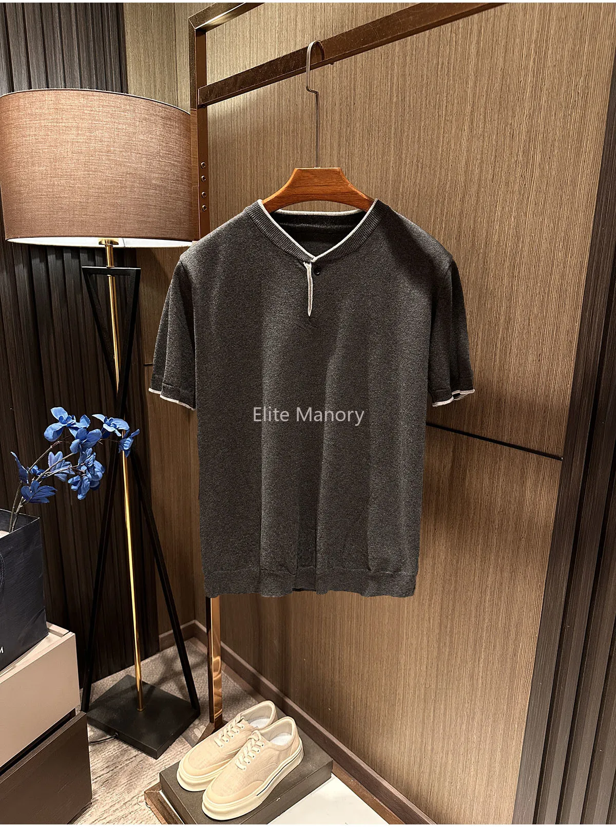 [Single buckle Henry collar 100% cotton] 2026 summer men's high-end simple and versatile cotton knitted short-sleeved T-shirt