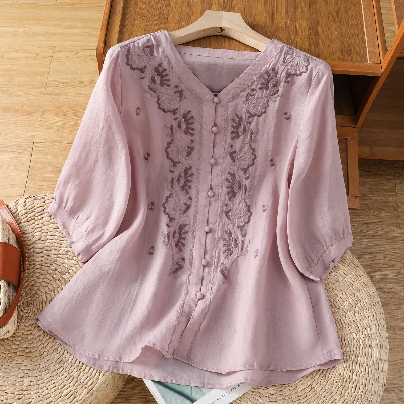 

Женская блузка в китайском стиле с вышивкой, винтажные рубашки, модная свободная летняя одежда, хлопковые льняные женские топы с короткими рукавами