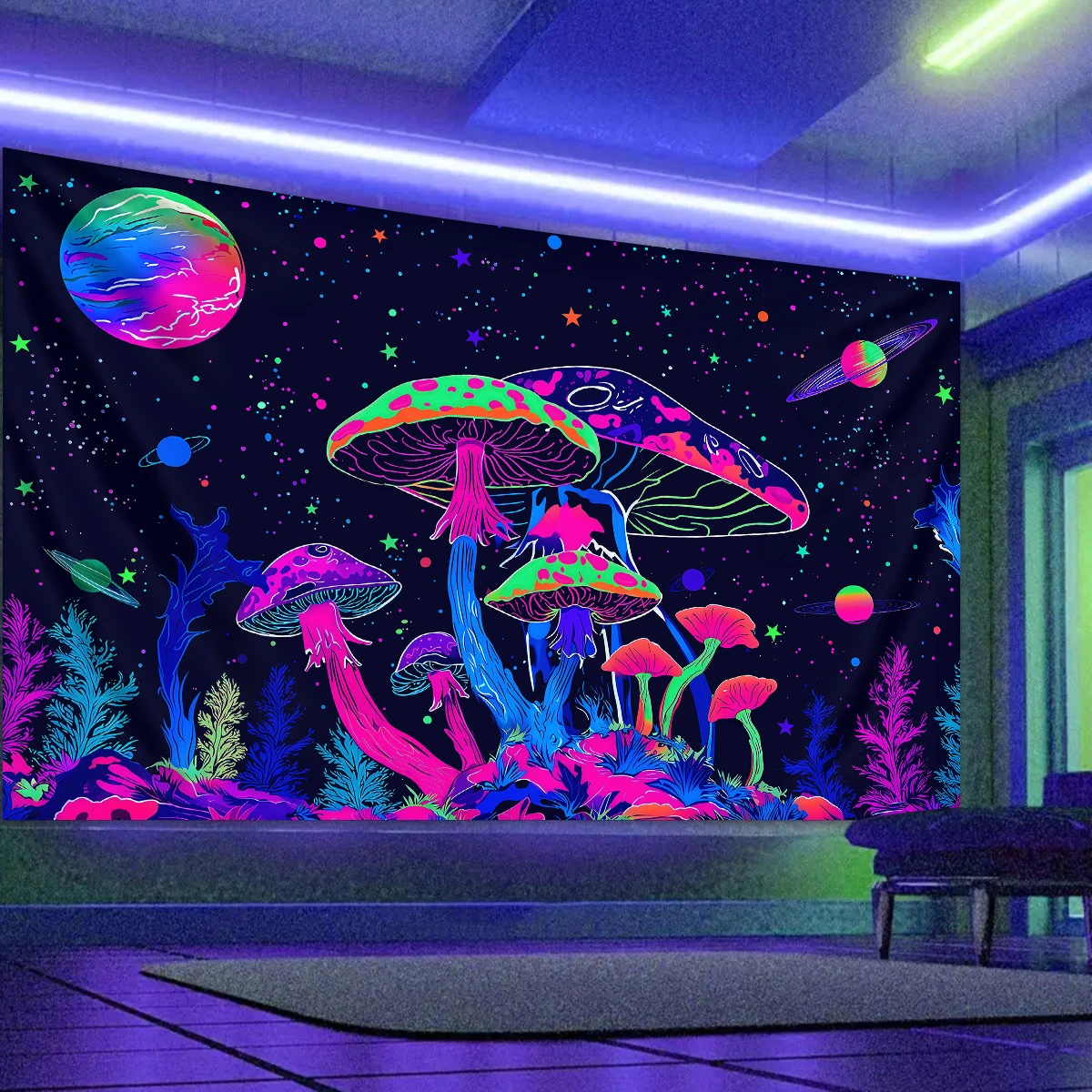 VIKAMA Neon Space Mushroom Planet Tapestry Wall Hanging, 6 Designs, Wall Decor for Bedroom Living Room Dorm