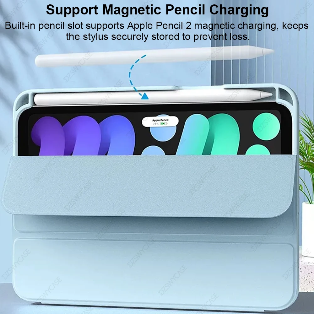 Case for iPad mini 6/7 A17 Pro 8.3inch, with Pencil Holder, Trifold stand, shockproof soft TPU back cover, Auto sleep/wake view 5