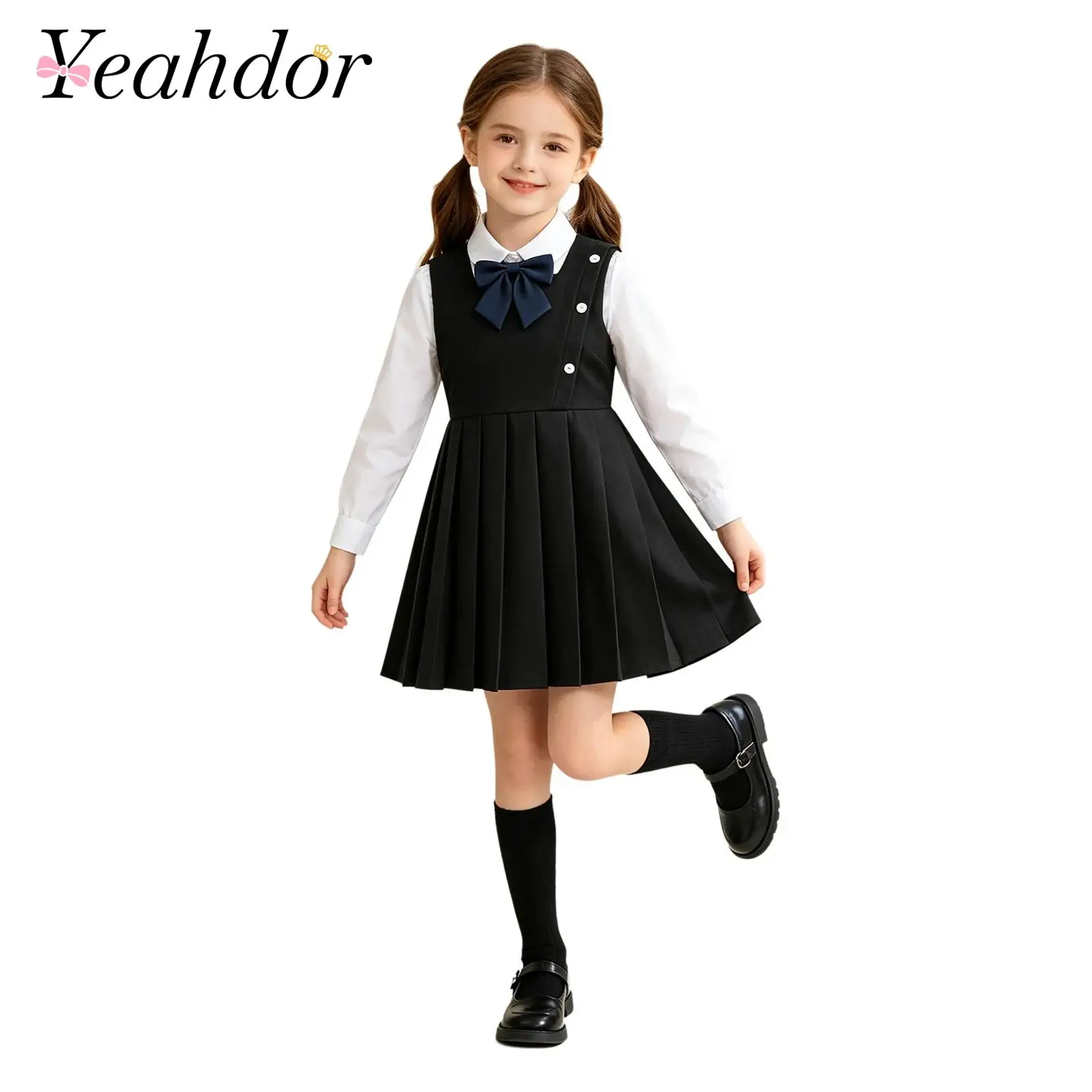 Girls Sleeveless School Uniform Jumper Dress College Style Clothes Kids Square Collar Button Front Solid Color Pleated Dress