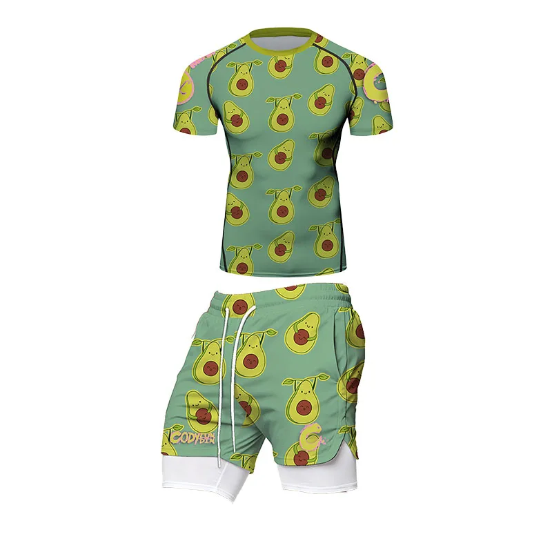 Funny Avocado Cartoon Print Men MMA BJJ Rashguard Quick Dry Compression Top 2‑in‑1 Shorts Brazilian Jiu‑Jitsu No‑Gi Training Set