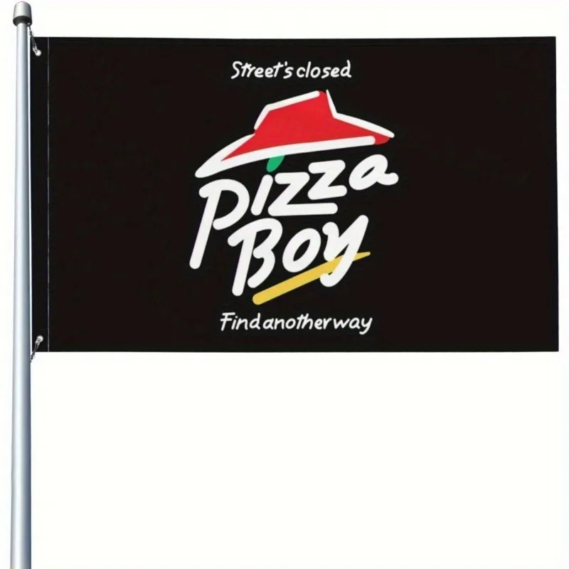 Flag with Street Closed Pizza Boy Slogan Made of Vibrant Black Polyester
