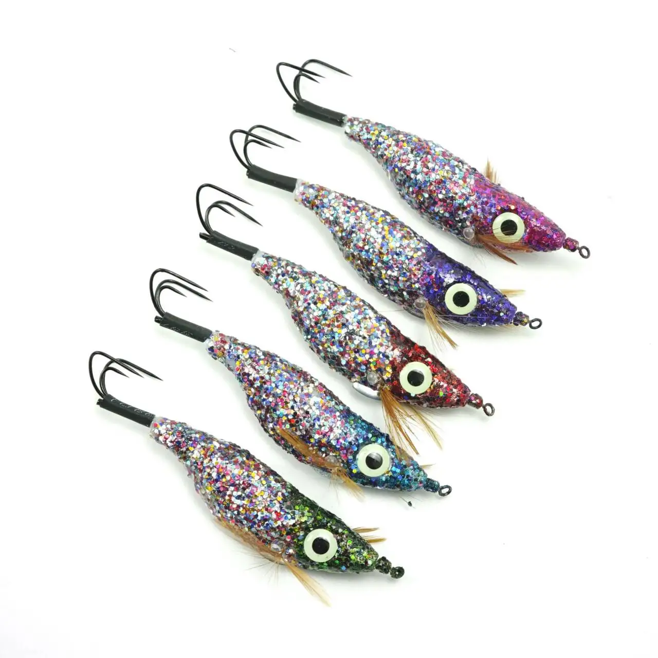 5pcs Glitter Luminous Squid Jigs Egi Lures, Glow In Dark Wood Shrimp Bait Triple Hook, Saltwater Octopus Eging Fishing Tackle view 4