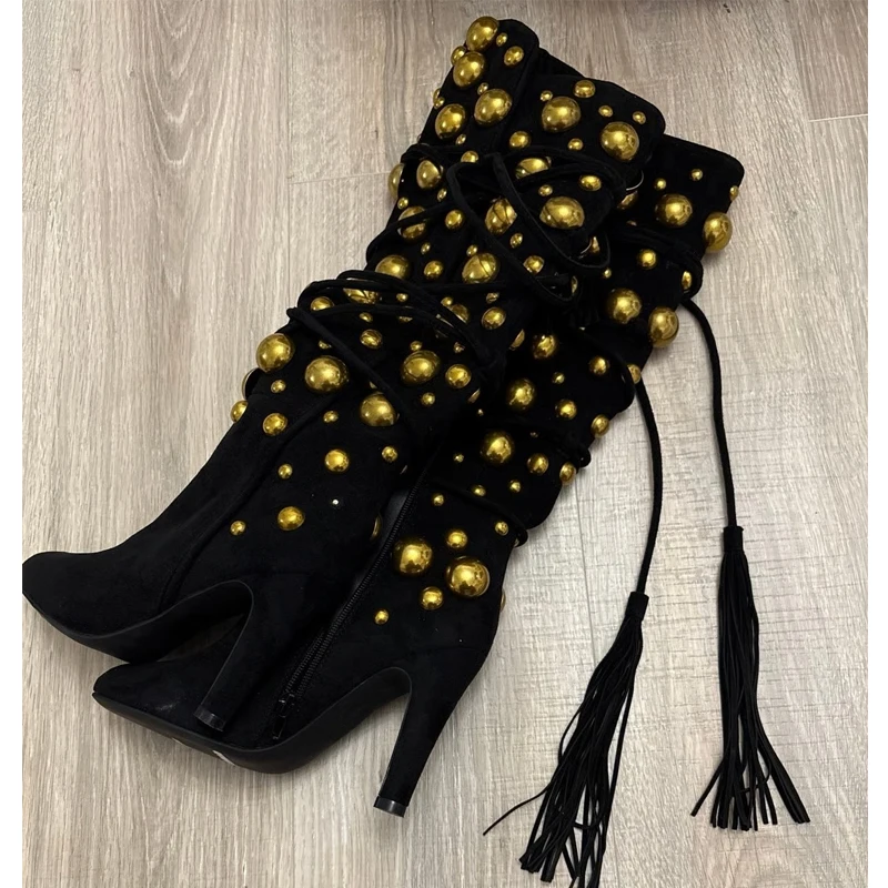 

Black cross-strap rivet pointed toe chunky heel knee-high boots woman winter 2026 tassel lace up boots fashion shoes for women