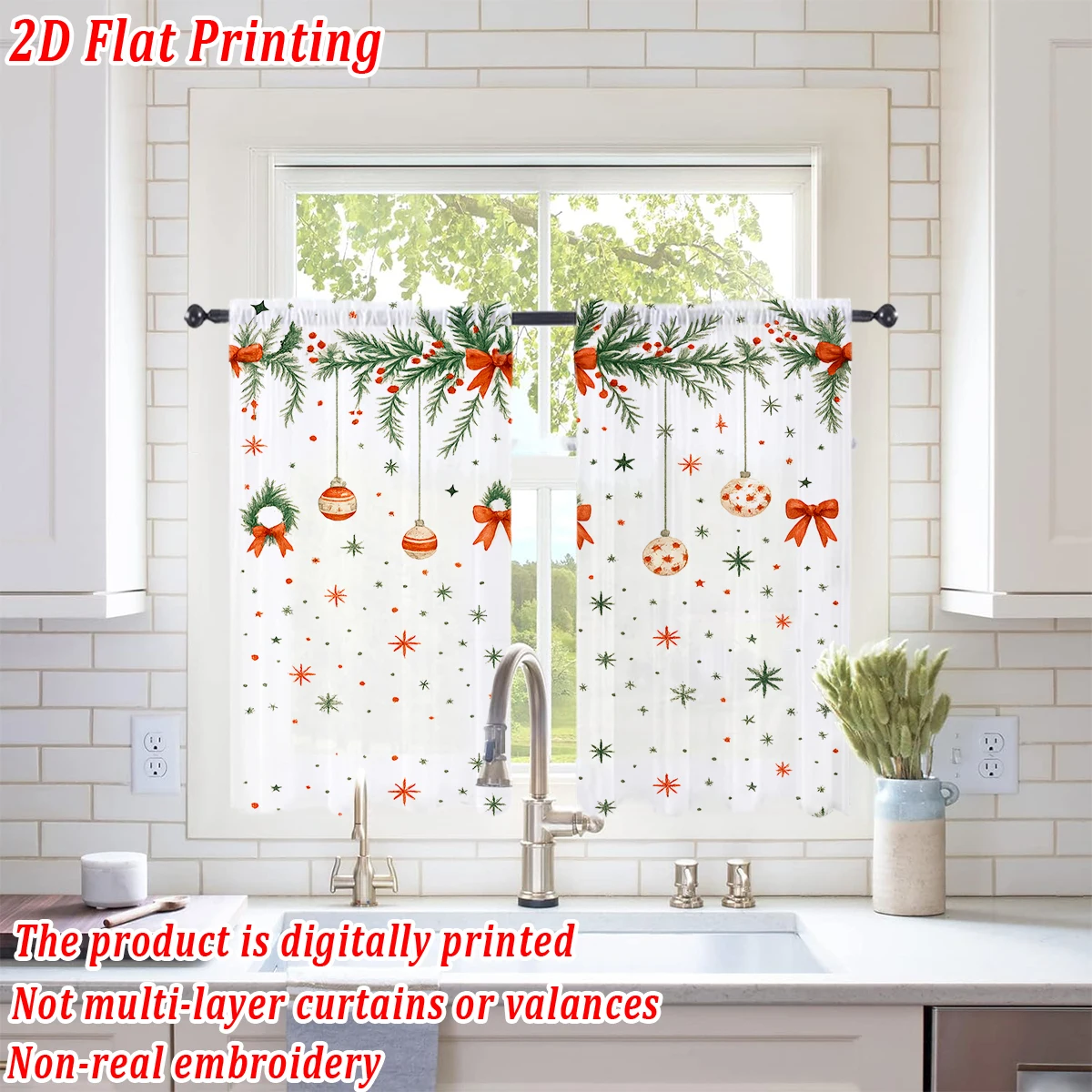 Christmas Flat Printing Kitchen Sheer Curtain with Merry Christmas Ball Garland Snowflake For Christmas Home Decor  Party