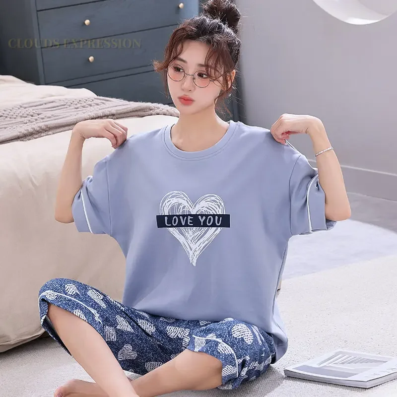 Zomer Gebreide Katoenen Cartoon Pyjama Sets Vrouwen Pyjama Nachtkleding Nachtkleding Pijama Mujer Plus Size Kalf-Lengte Broek Homewear