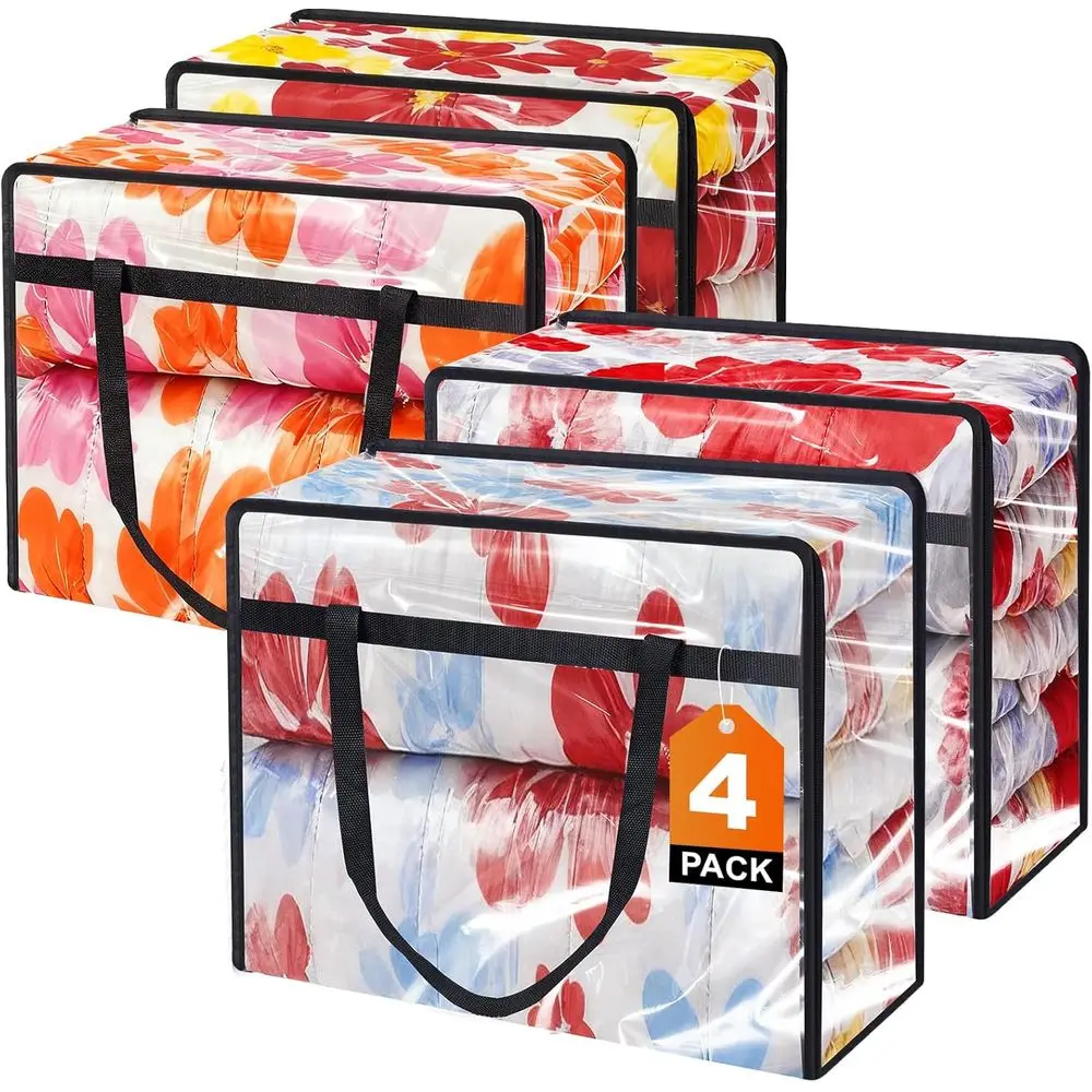 

4-Pack Clear Vinyl Storage Bags, Heavy-Duty Zipper, Foldable Organizers for Bedding, Linens, Comforters, Sweaters, Pillows, and
