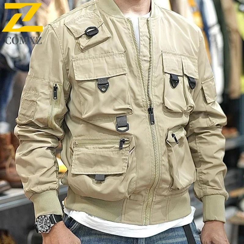 

COMXZ 2025 Spring Autumn Pilot Jacket Men Workwear Multi Pocket Baseball Collar Moto Coat Lightweight Outerwear Male windbreaker