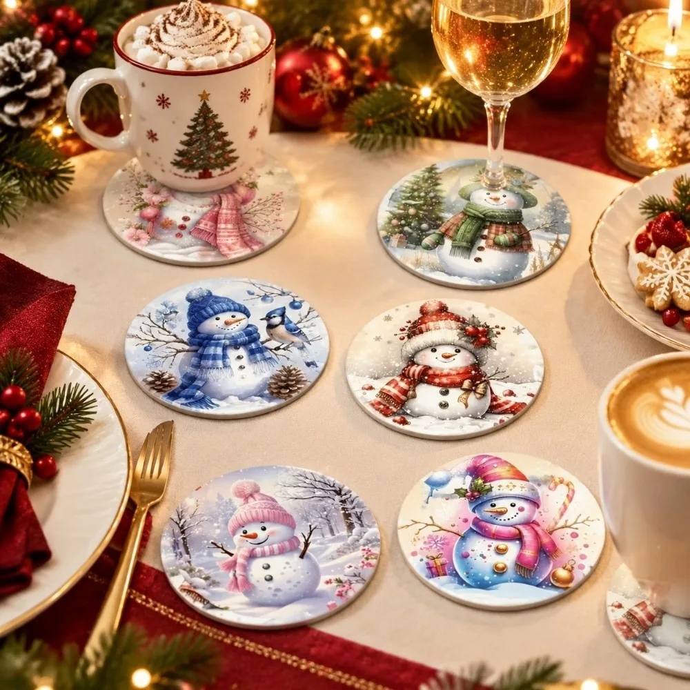 6pcs Wooden Christmas Drink Coaster Snowman Reindeer Santa Claus Coaster Penguin Heat-Resistant Coffee Cup Mat Christmas Party