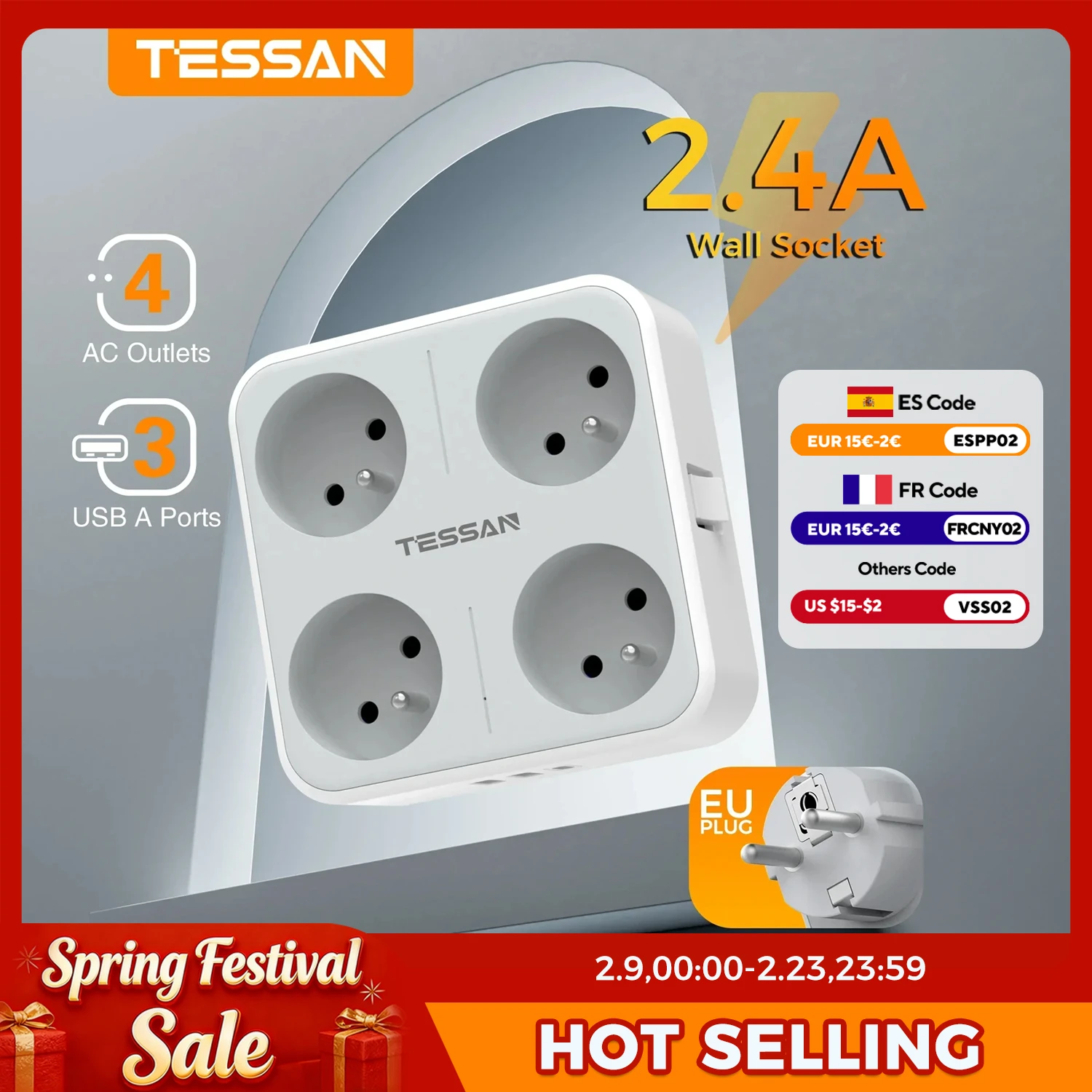 

Настенная розетка TESSAN 4000W FR USB с 4 французскими розетками типа C, квадратный дорожный переходник с выключателем, электрическая розетка для дома