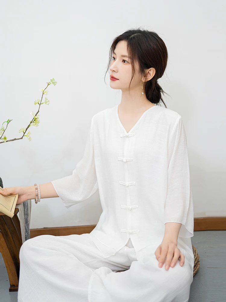 Autumn Summer New Cotton Linen Tai Chi orm Women's Chinese Sle Retro Artistic Tea Clothing Yoga Set Loose Meditation