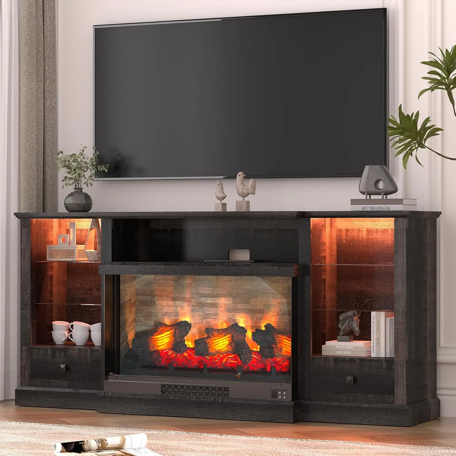 

Подставка для камина для 80-дюймового телевизора, медиаконсоль для фермерского дома с 36-дюймовым электрическим камином 3D и пультом дистанционного управления, зарядка, по индивидуальному заказу
