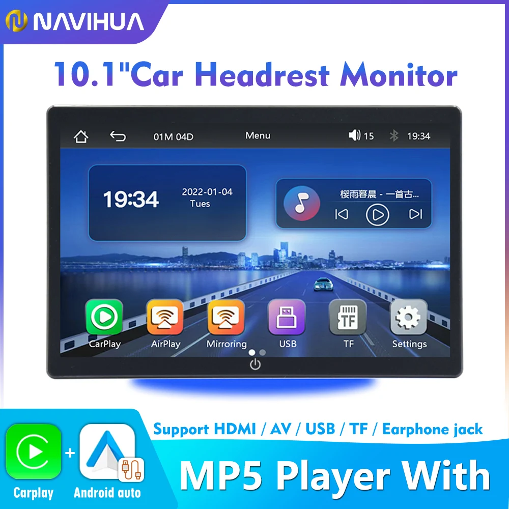 10.1 Inch Headrest Monitor TV Carplay Android Auto Multifunction Support HDMI/USB/Earphone Jack Online Video Car Rear Seat