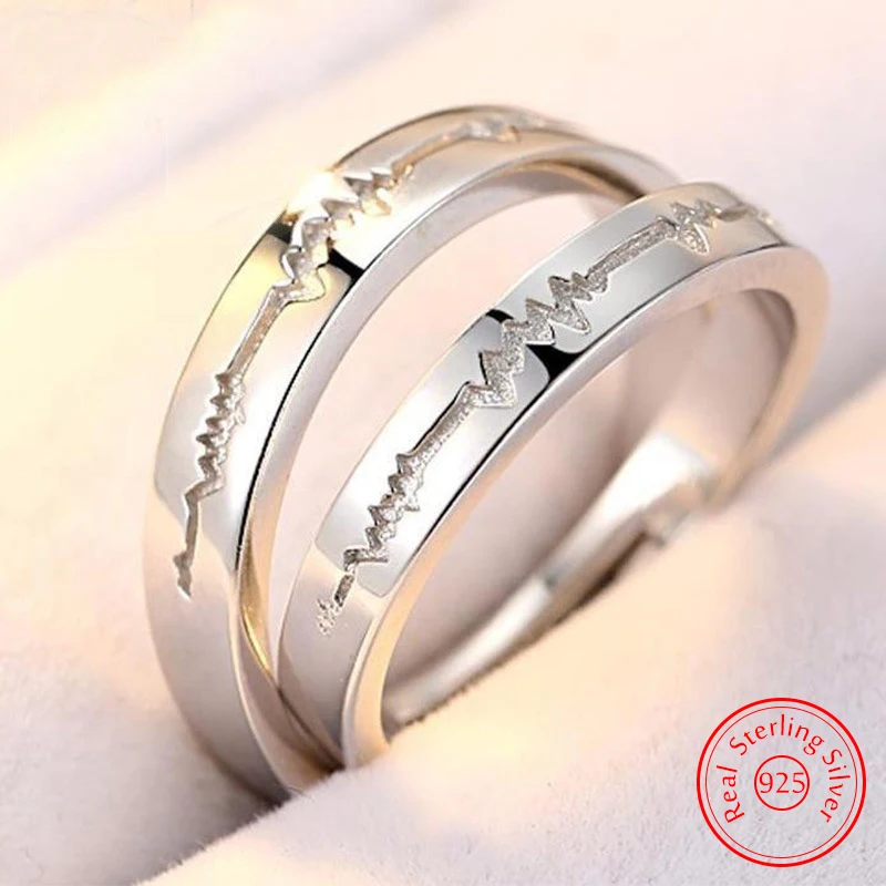 Gift Woman's 925 Sterling Silver Fashion Jewelry Electrocardiogram Couple Ring For Men XY0375