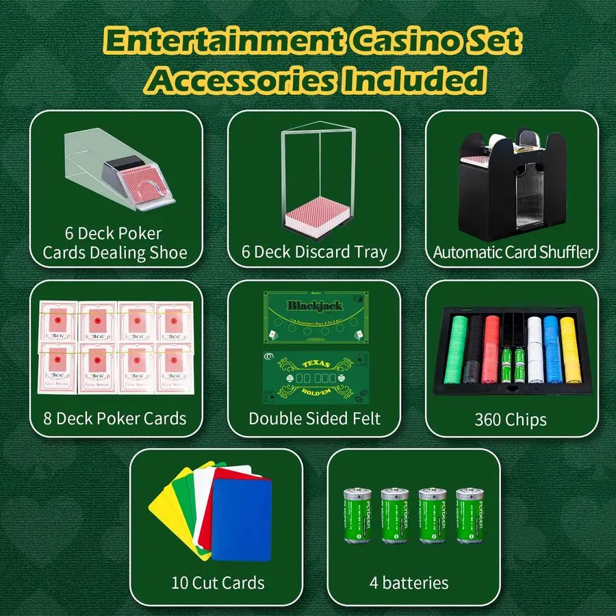Set da gioco da tavolo, set da poker Blackjack Texas Holdem con pattino per carte, vassoio per dischi, mescolatore automatico, rastrello per trucioli, 360 fiches, 8 mazzi di gioco