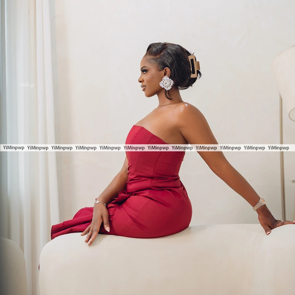 Red Elegant Evening Dresses For African Women Strapless Neck Lace Up Mermaid Satin Prom Dress Tiered Party Robes Customized