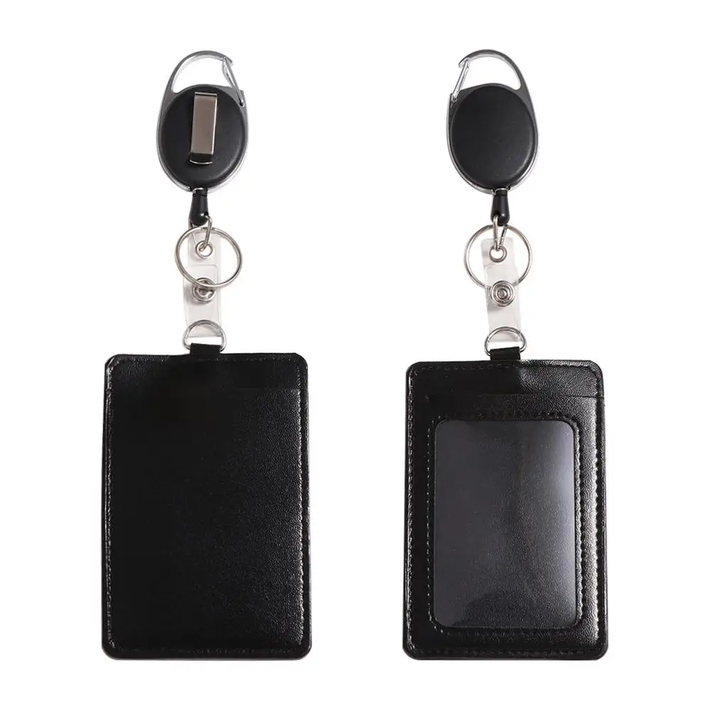 Gift PU Leather Retractable Key Chain Card Case Black Lanyard Badge Holder Bus Pass Card Name Card Badge ID Card Holder Hospital