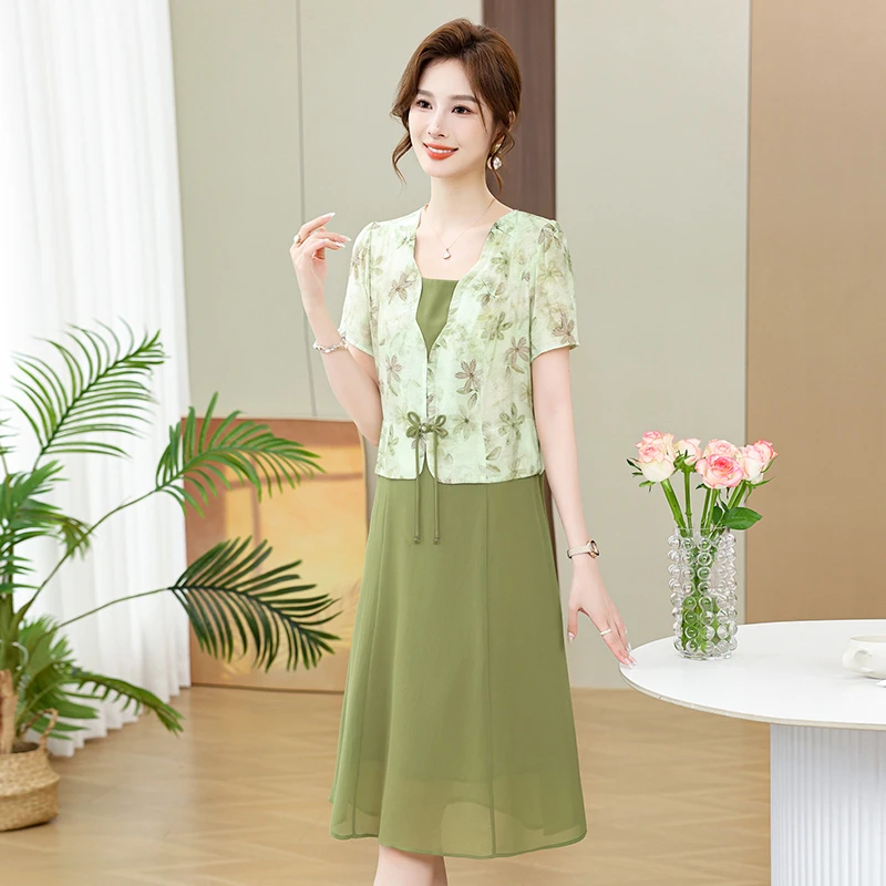 Printed Dress Women Summer Korean Version Of Self-Cultivation Age Reduction Leave Fake Two Pieces Middle-Aged A-Line Vestidos
