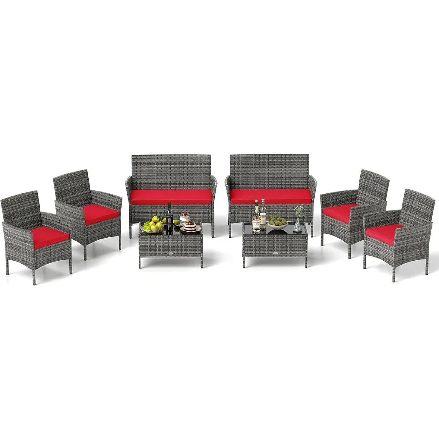 

8-компонентный набор для бесед из ротанга для патио, набор плетеной мебели для улицы с мягким стулом, двухместный стол из закаленного стекла