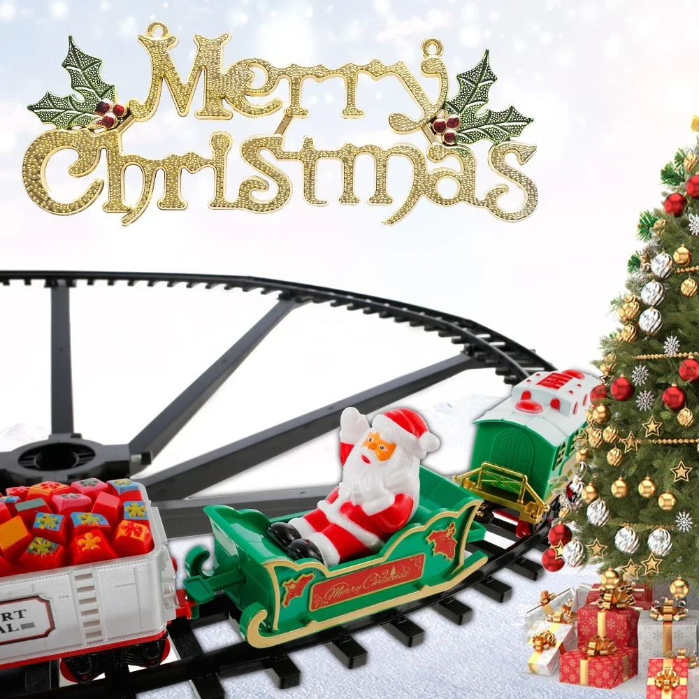 Tren de Navidad eléctrico de juguete, decoración de árbol de Navidad, marco de pista de tren, coche de ferrocarril con sonido y riel ligero, regalos