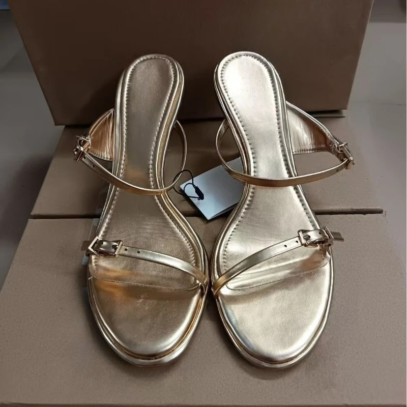 Women's Elegant Gold Metallic Strappy Stiletto High Heel Sandals Ankle Buckle Strap Minimalist Open Toe Party Dress Summer 2026 image 3
