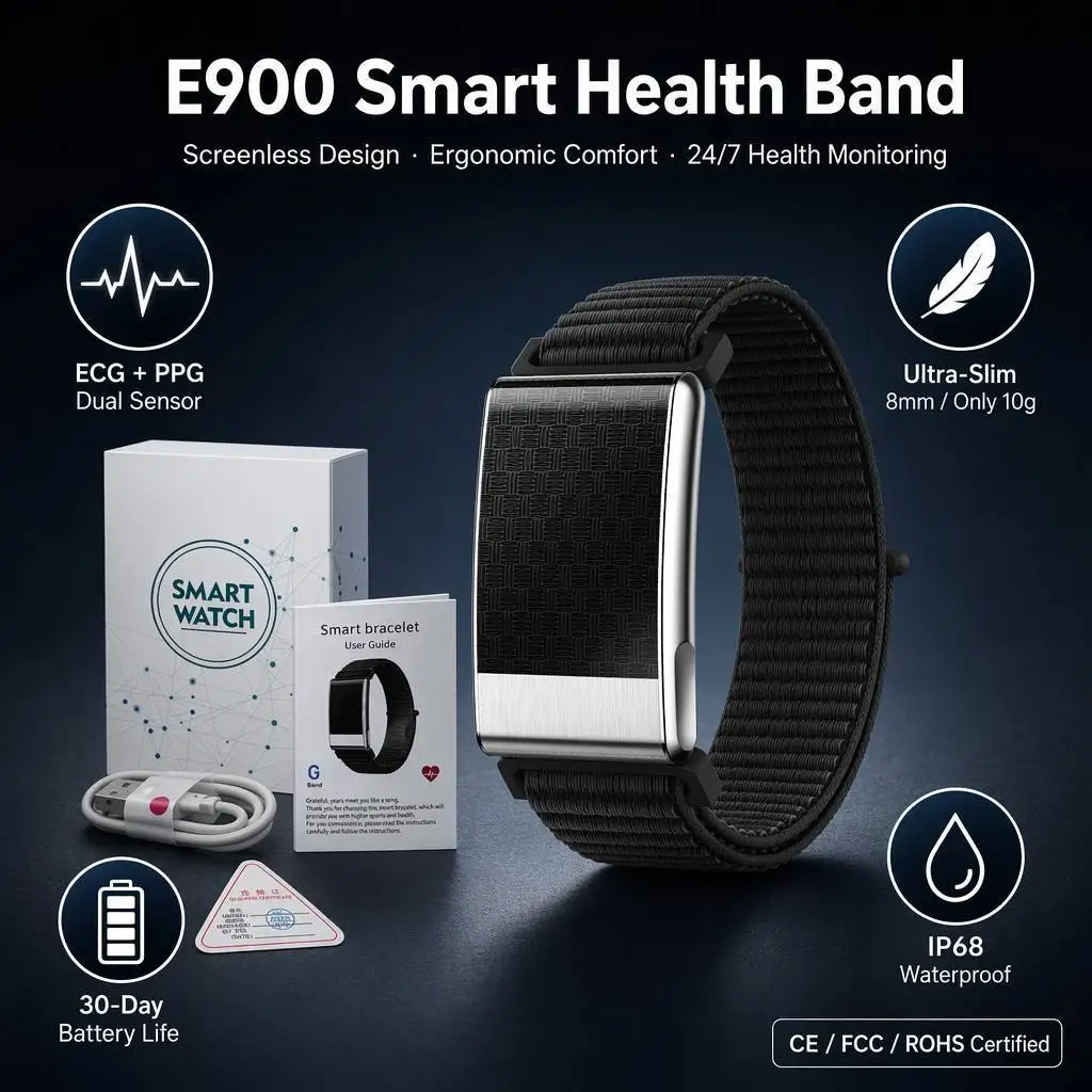 Pulseira Inteligente E900 Sem Tela, ECG, Temperatura, Pressão Arterial, Avaliação de Glicose, Estresse, HRV, Resistente à Água IP68, Monitor de Ativid