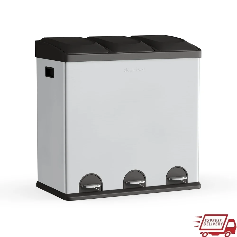 

Корзина для переработки мусора из нержавеющей стали с 3 отделениями, 16 галлонов, ступенчатые педали без помощи рук, съемные контейнеры, сверхмощное кухонное хранилище