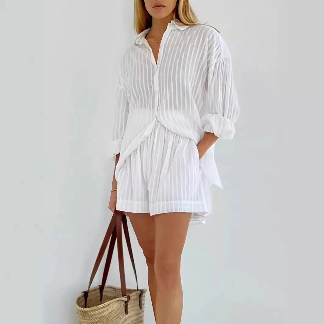 Women Summer Cotton White Stripe Shirt and Shorts Set Casual Office Two Piece