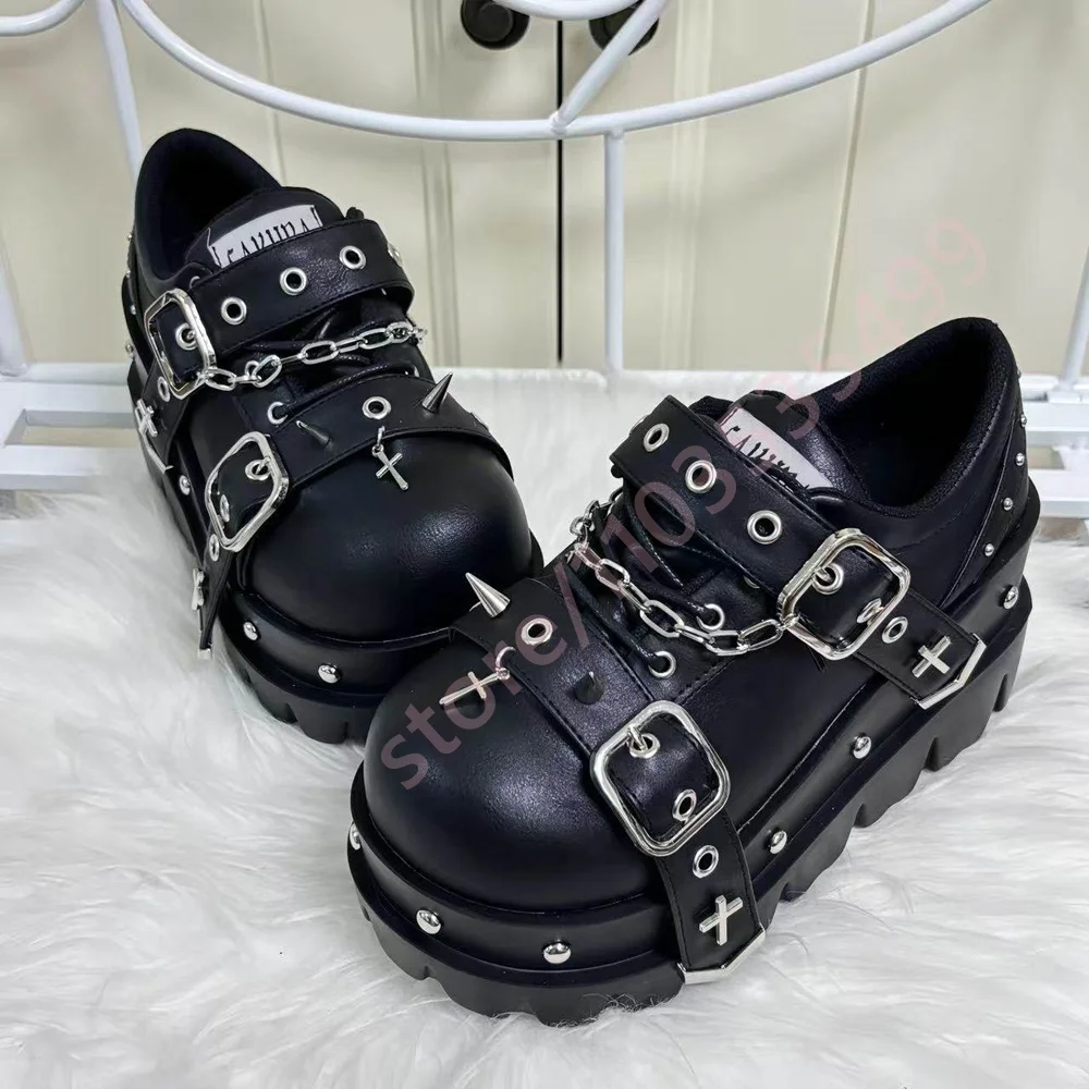 Platform Punk Metal Punk Studded Boots 2026 New Round Toe Y2K Street Rock Belt Buckle Pumps Black Fashion Lace-Up Casual Shoes