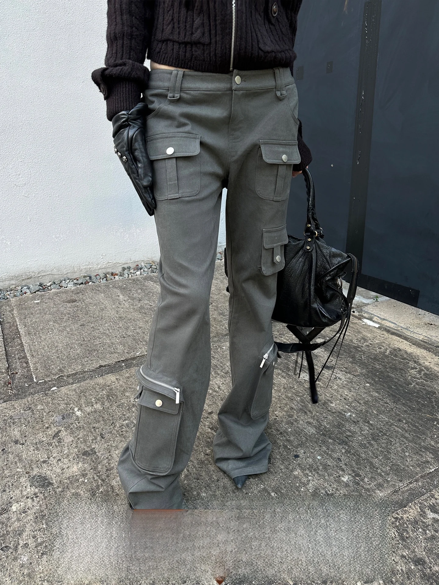 Low Waist Multi-Pocket Work Pants American Style Flared Casual Trousers for Women Cotton Stretchy Faux Leather Pants