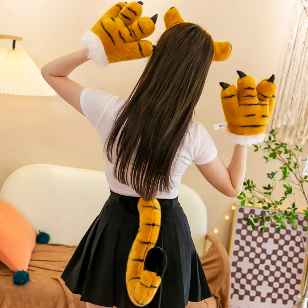 Tiger Cosplay Tail Party Costume Prop Kids Animal Props Plush Material Ear Headband Child Tails Claw Gloves