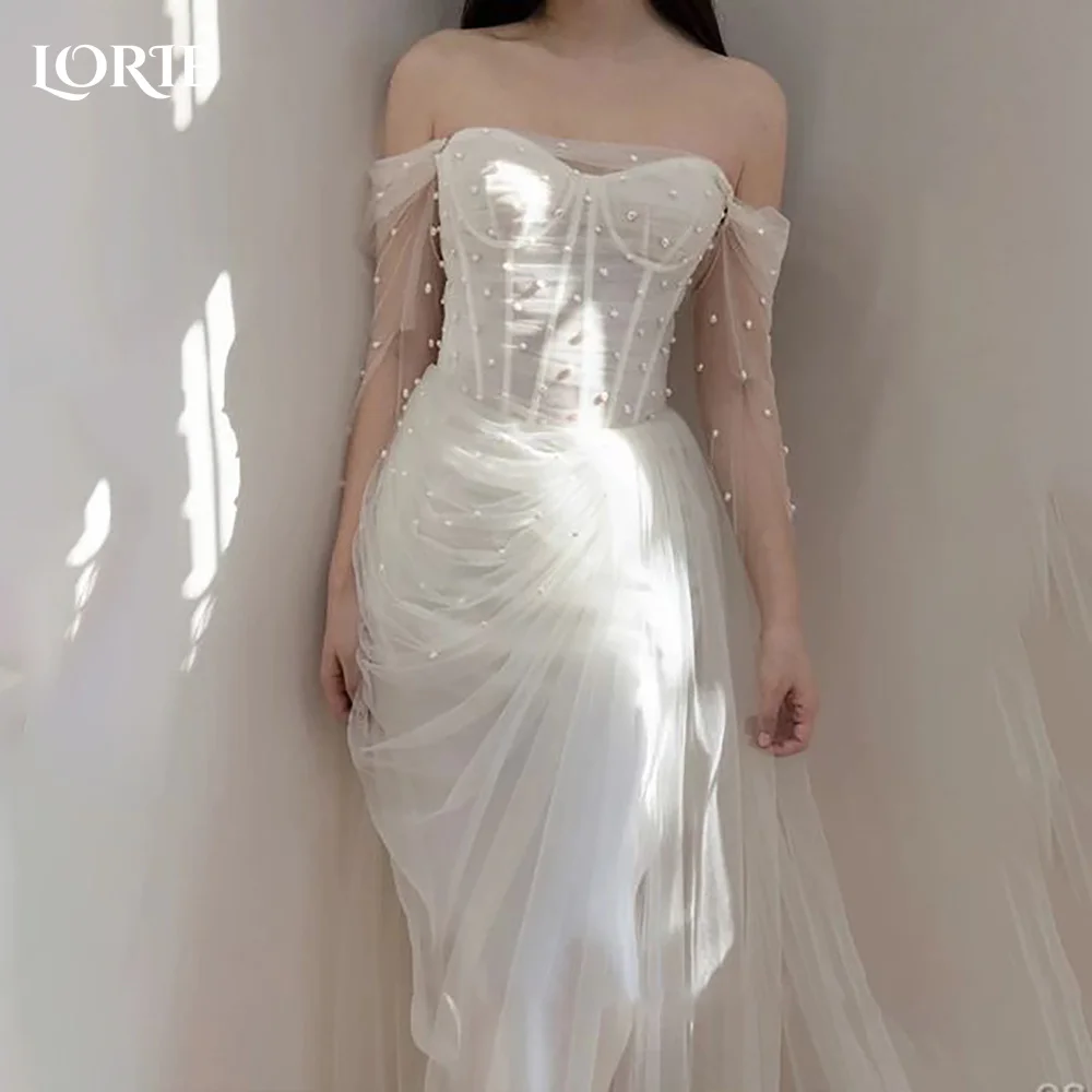 

LORIE Ivory Mermaid Wedding Dresses Pearls Off Shoulder Tulle Bridal Gowns Sweetheart Long Sleeve Vintage Party Gown Customized