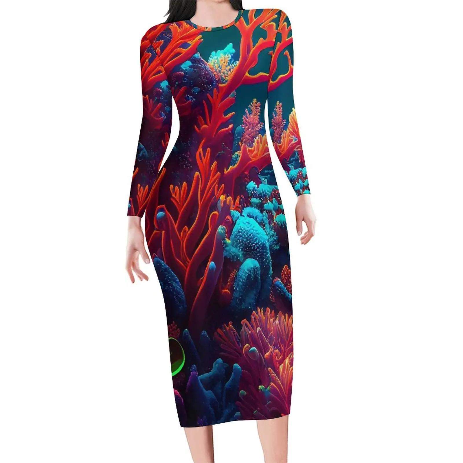 Tropical Marine Dress Women Vibrant Coral Print Aesthetic Bodycon Dress Holiday Long Sleeve Retro Dresses Oversized Clothing