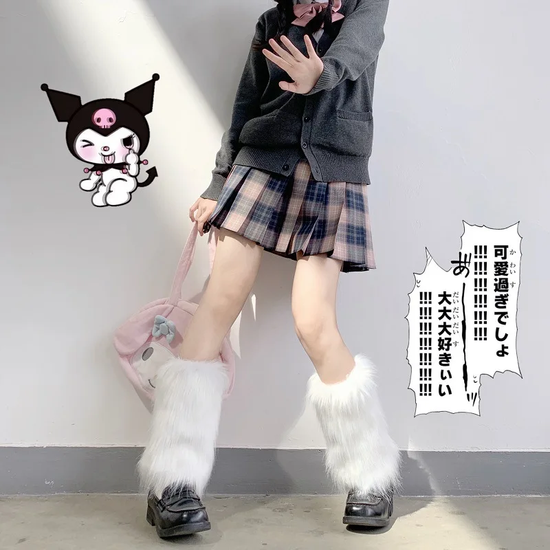 

Женские гетры из искусственного меха, черно-белые вязаные носки в японском стиле Лолиты для осенне-зимней моды