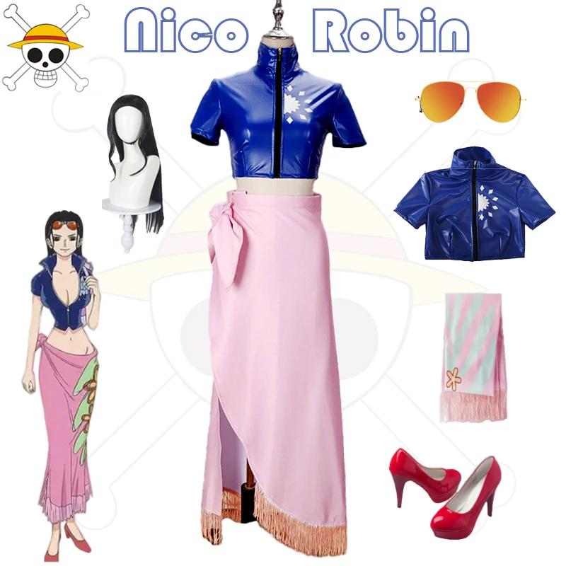 Disfraz de Nico Robin de una pieza para mujer, traje de Anime, Top y gafas envolventes, zapatos, peluca de fiesta, Carnaval de Halloween